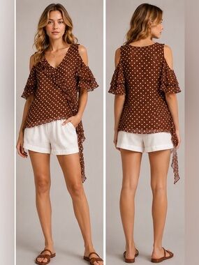 100% Silk Brown Polka Dot Ruffle Blouse Cold-Shoulder Top Romantic Feminine Sz M